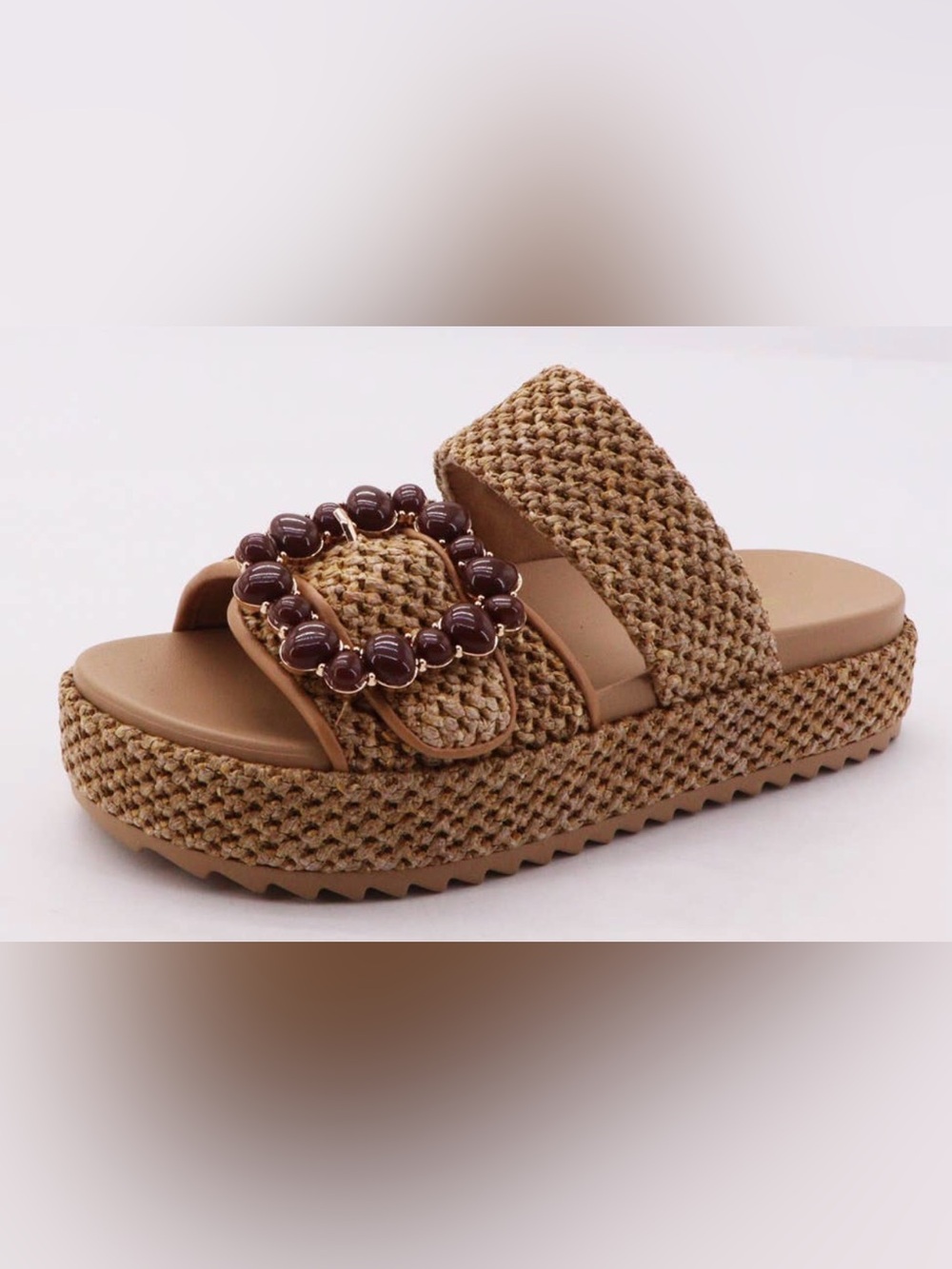 Woven Platform Slide Sandal with Beaded Buckle - Tan